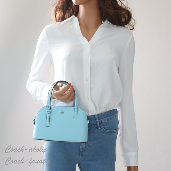 NWT Tory Burch Emerson Patent Leather Dome Satchel Crossbody in Light Celeste - Picture 3 of 11